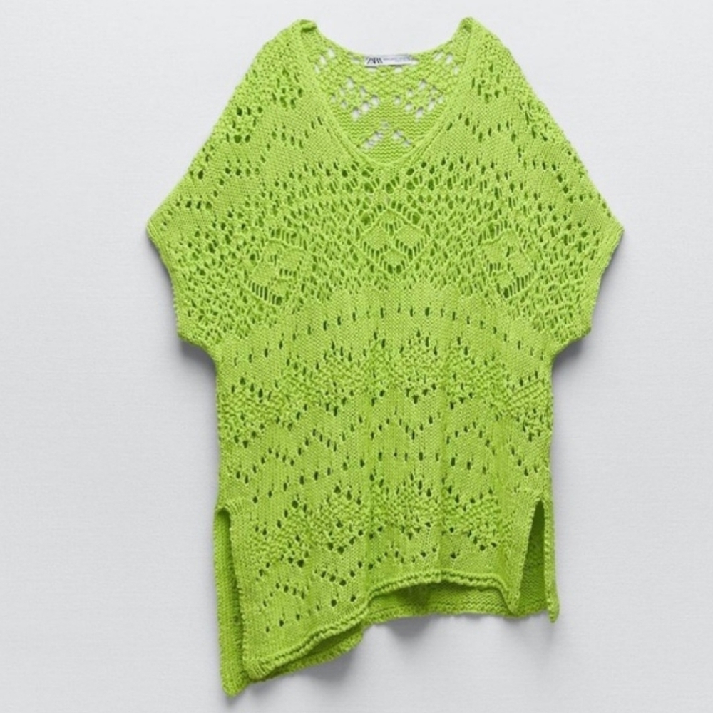 Zara Lime Crochet Open Knit Asymmetrical Short Sleeve Sweater